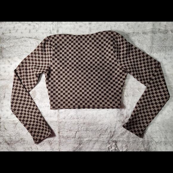 Lelis Heavy Weight Brown Checkered Long Sleeve Crop Top Size M - Picture 2 of 3